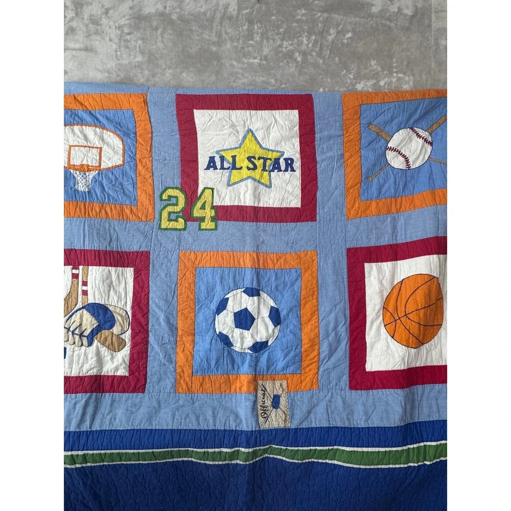 Vintage Sports Patchwork Quilt Blanket All Star Baseball Basketball Soccer Blue